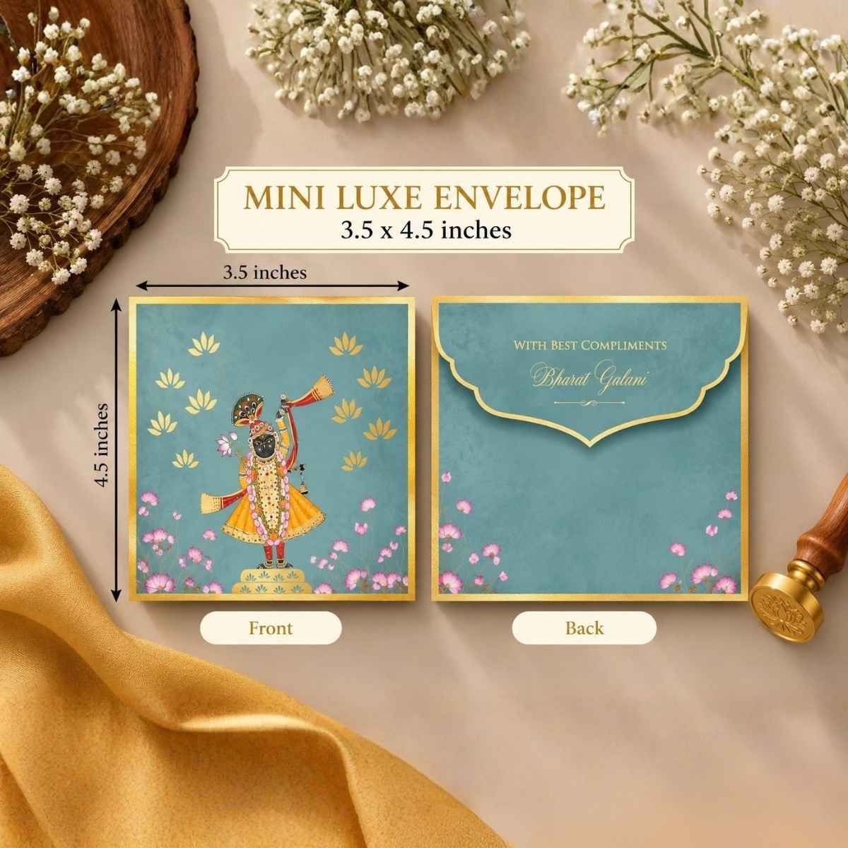 Luxe Gold Foil Money Envelopes - Shreenathji Lotus Motif Olive