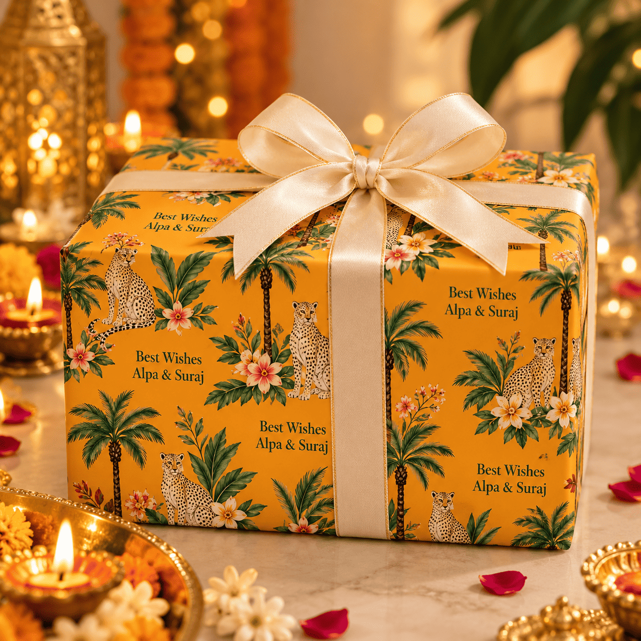 Custom Happy Diwali Gift Wrapping Paper - Golden Safari Design