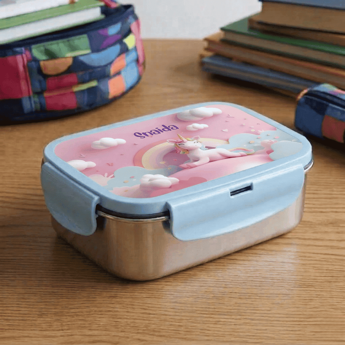 Custom Steel Snack Box & Lunch Box for Kids - Unicorn Design - Chatterbox Labels - Lunch Box