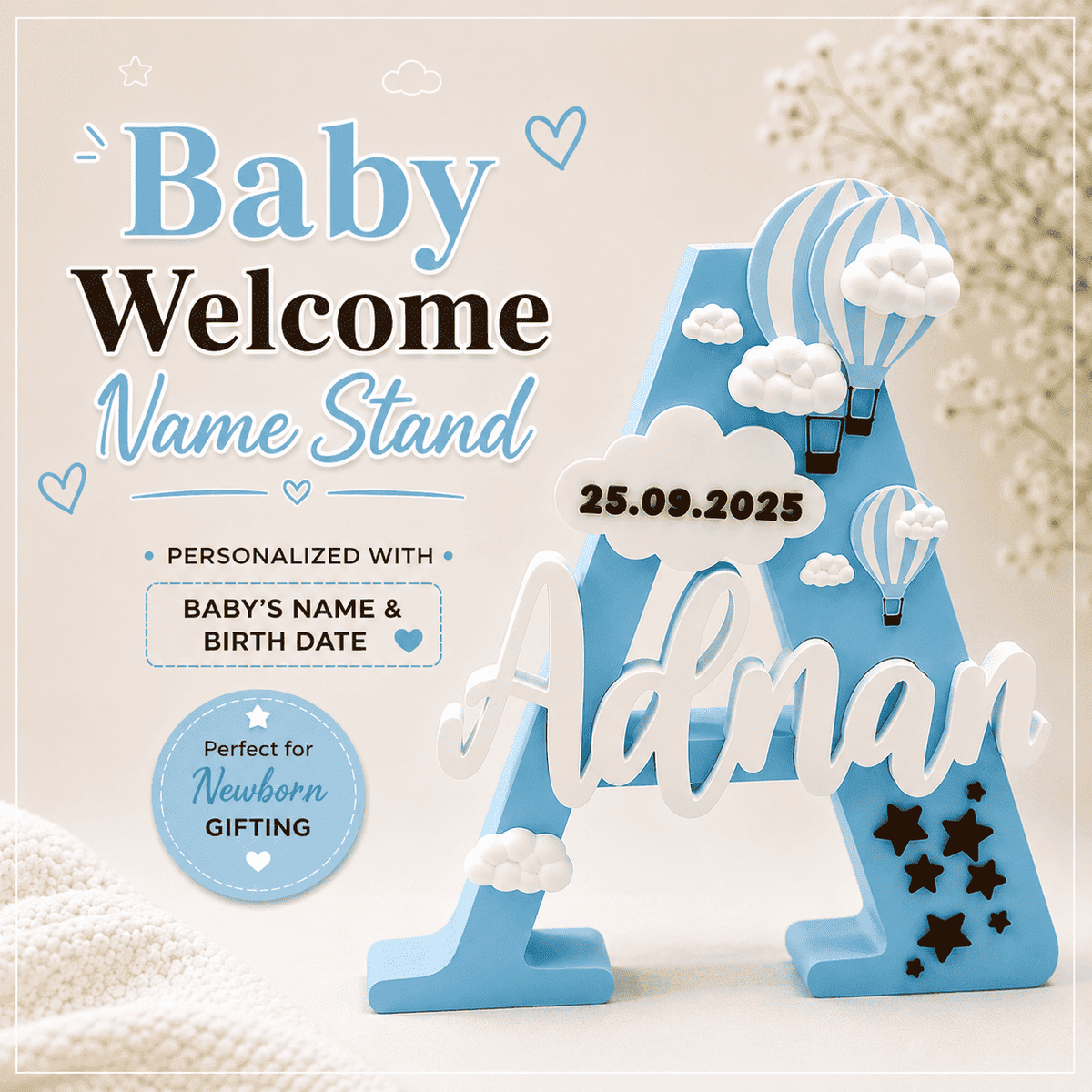 Baby Boy Birth Announcement Personalised 3D Printed Name Stand - Chatterbox Labels-3D Printed Gifts