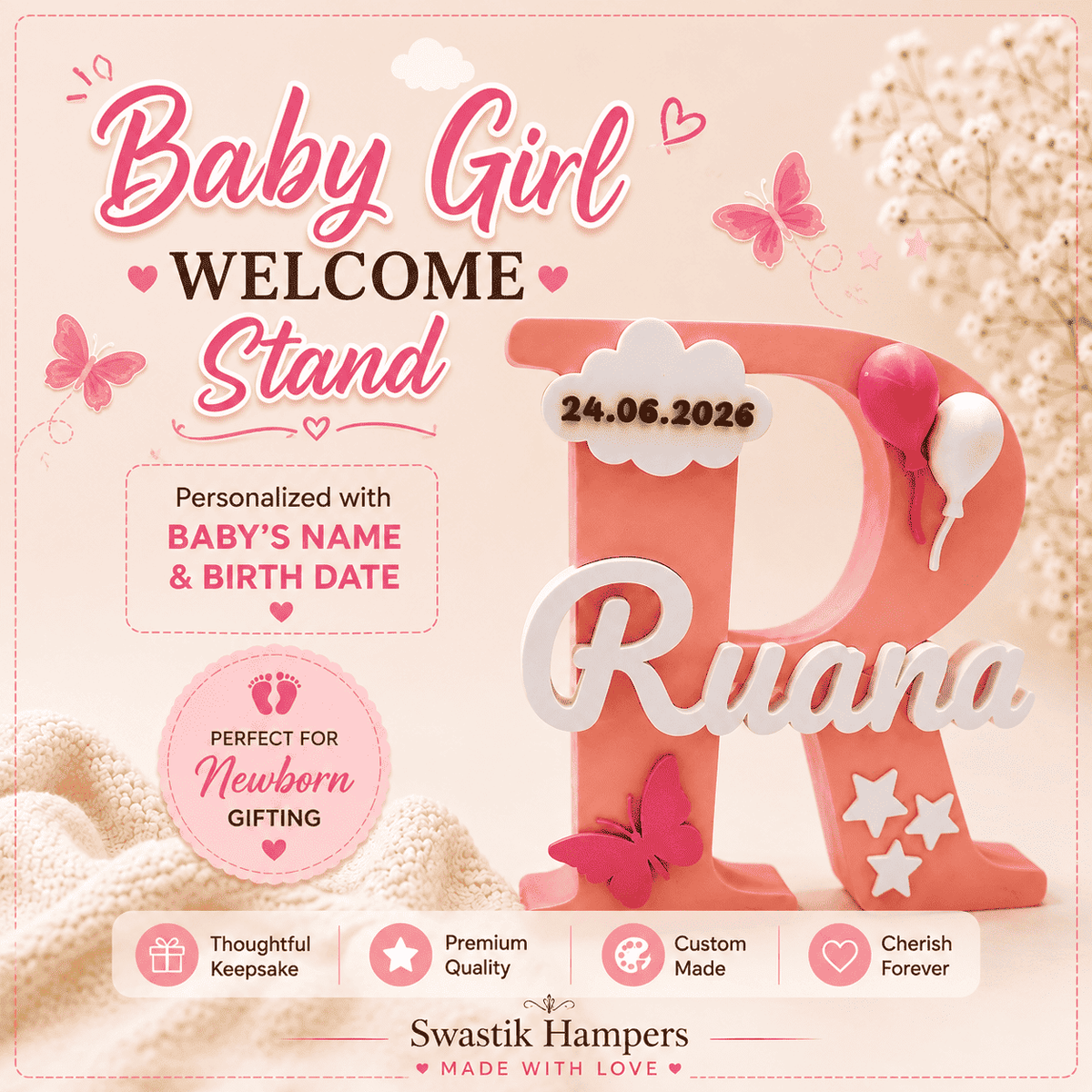 Baby Girl Birth Announcement Personalised 3D Printed Name Stand - Chatterbox Labels-3D Printed Gifts