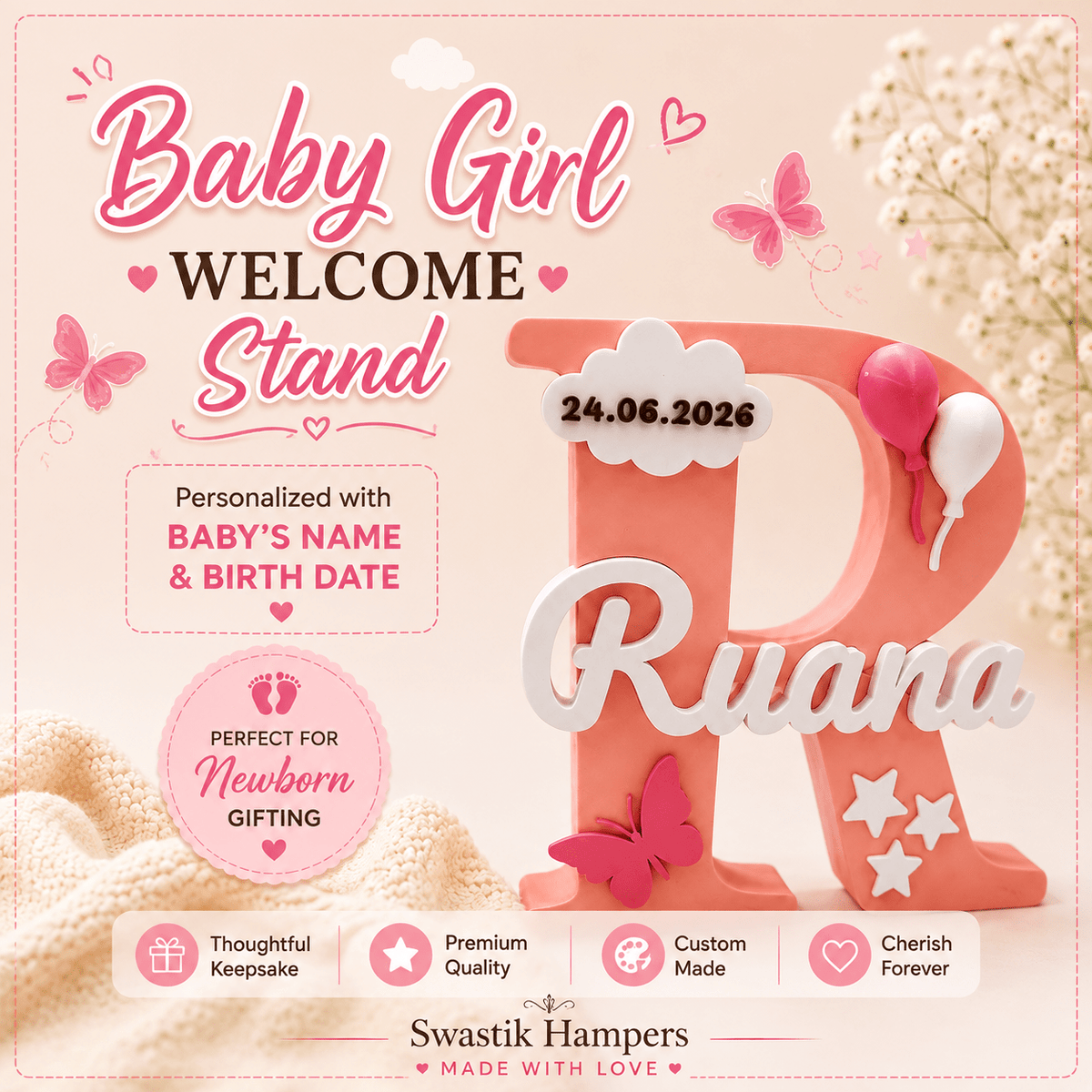 Baby Girl Birth Announcement Personalised 3D Printed Name Stand - Chatterbox Labels-3D Printed Gifts