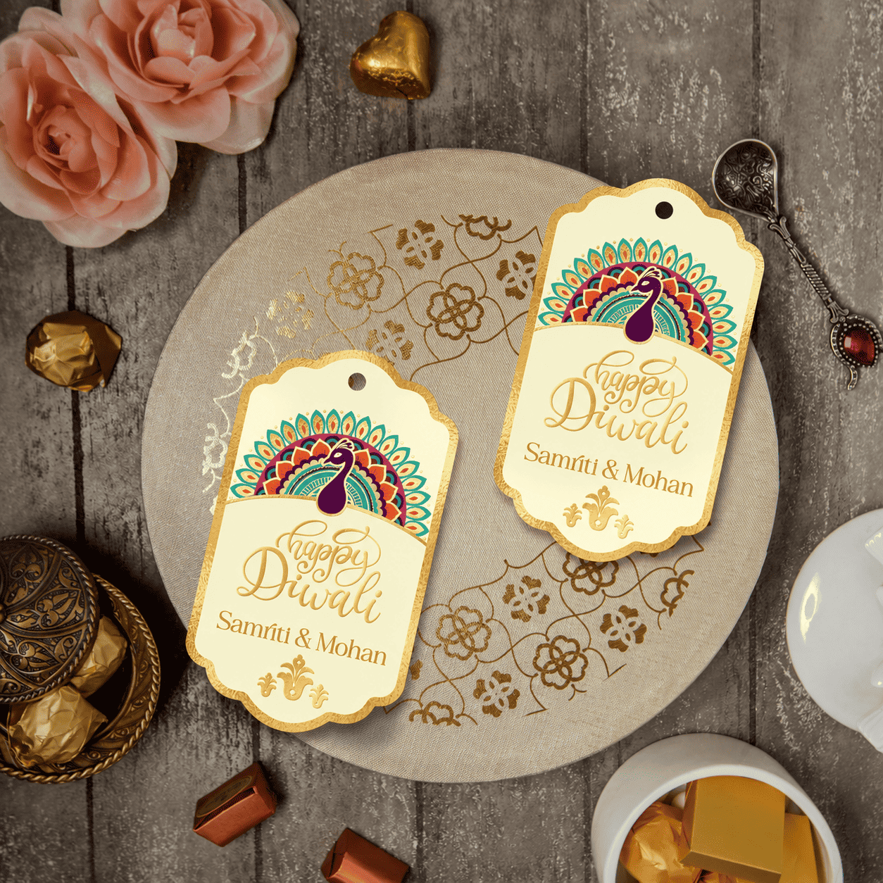 Happy Diwali Gold Foil Gift Tags - Royal Peacock Tags - Ivory