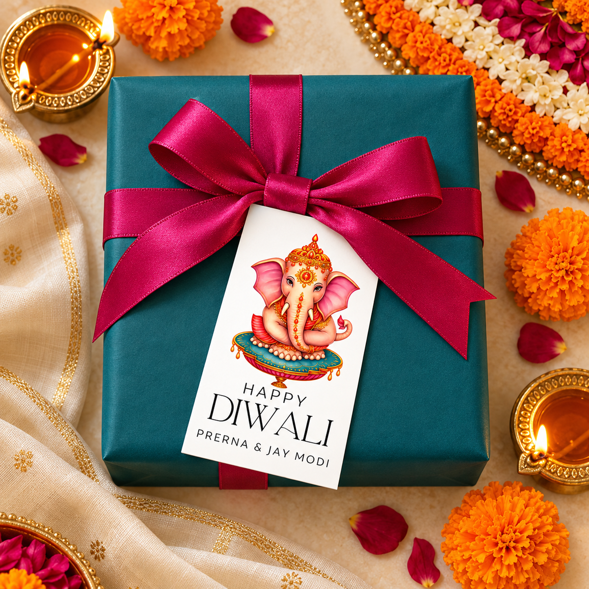 Happy Diwali Gift Tags/Gift Stickers - Ganesha Grace Design