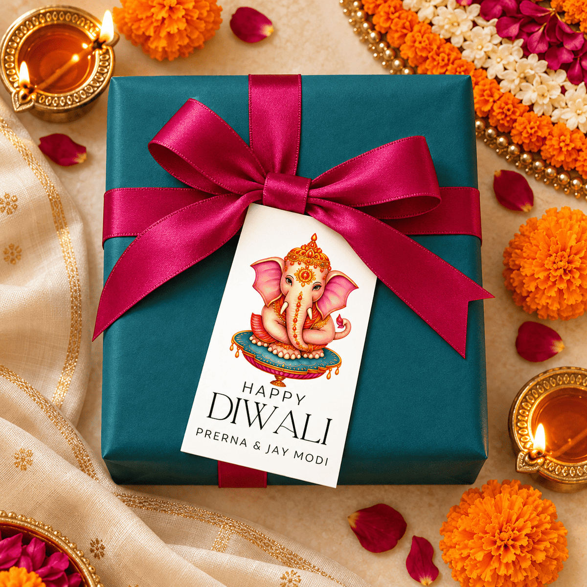 Happy Diwali Gift Tags/Gift Stickers - Ganesha Grace Design