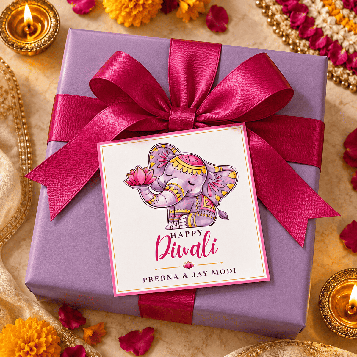 Happy Diwali Gift Tags/Gift Stickers - Ganesha in Bloom Design