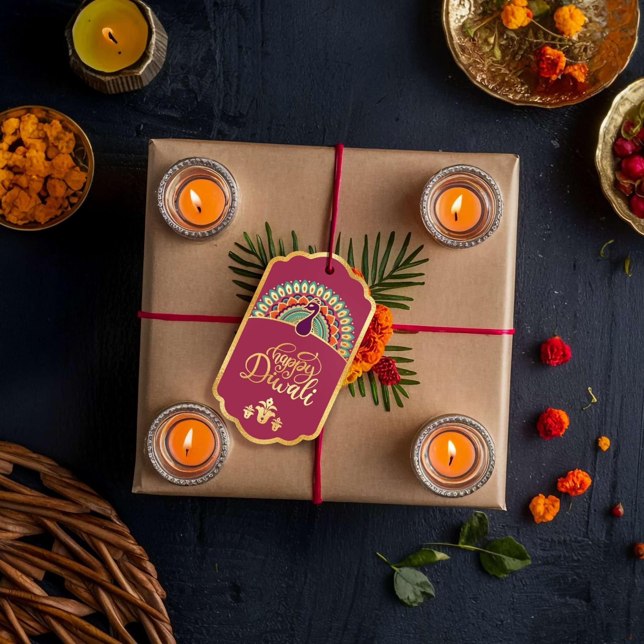 Happy Diwali Gold Foil Gift Tags - Royal Peacock Tags - Brown - Chatterbox Labels - Gift Tags