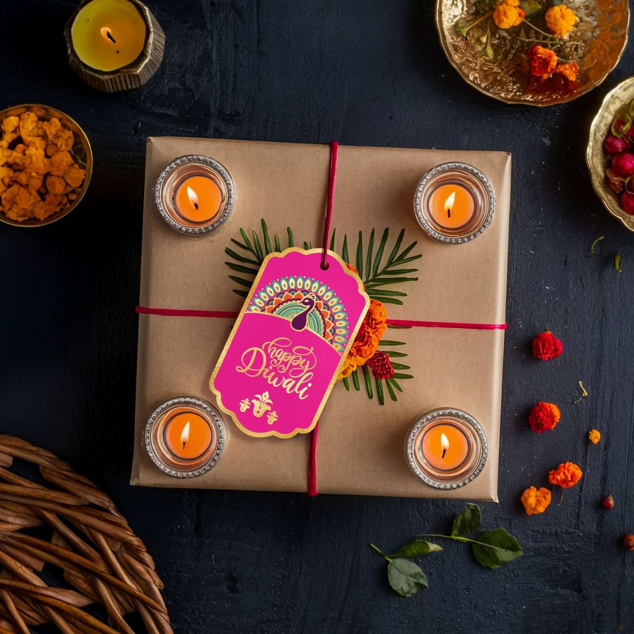 Happy Diwali Gold Foil Gift Tags - Royal Peacock Tags - Fuchsia Pink - Chatterbox Labels - Gift Tags