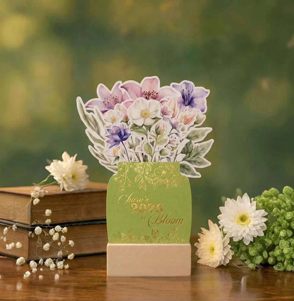 Personalised 2026 Desk Calendar - Floral Vase with Wooden Stand - Chatterbox Labels -