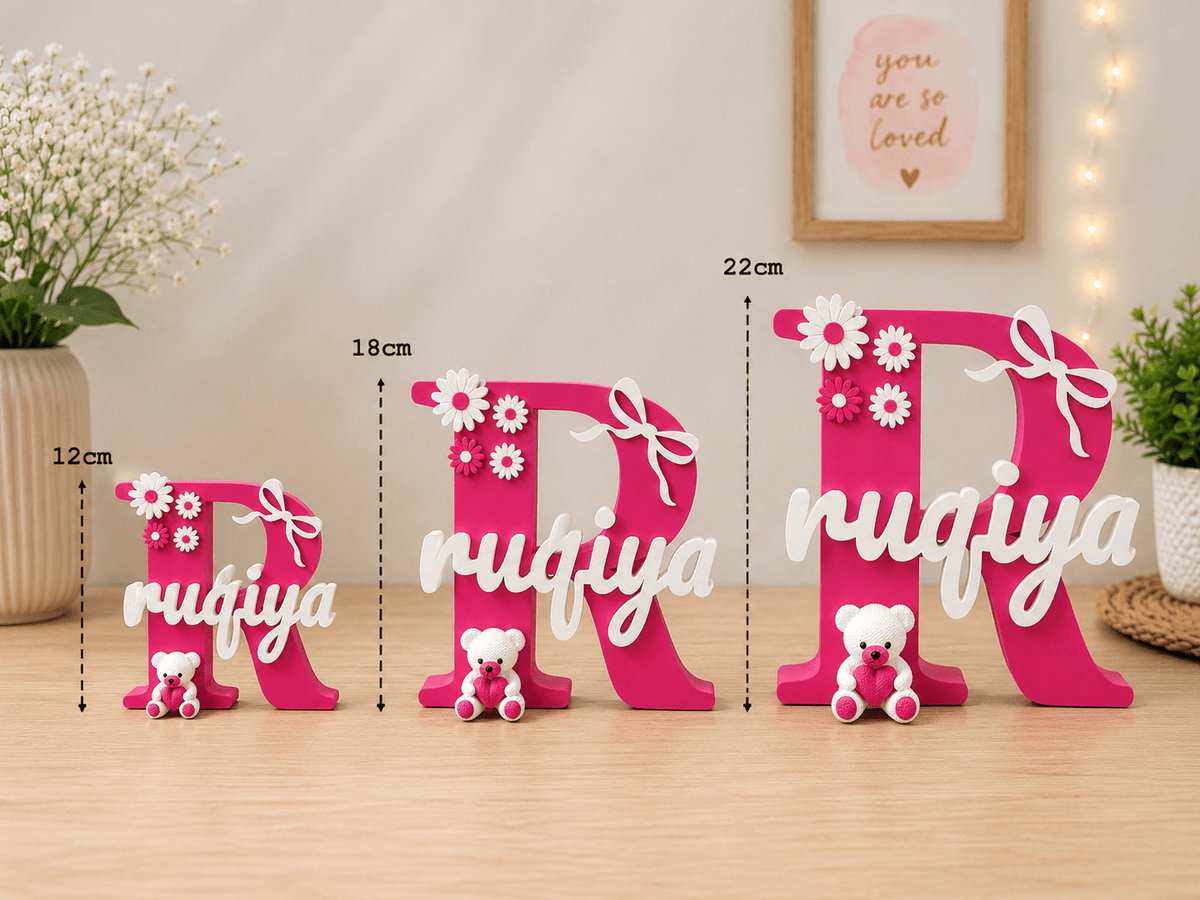 Floral Theme Personalised 3D Printed Stand with Teddy Charm - Chatterbox Labels-3D Printed Gifts
