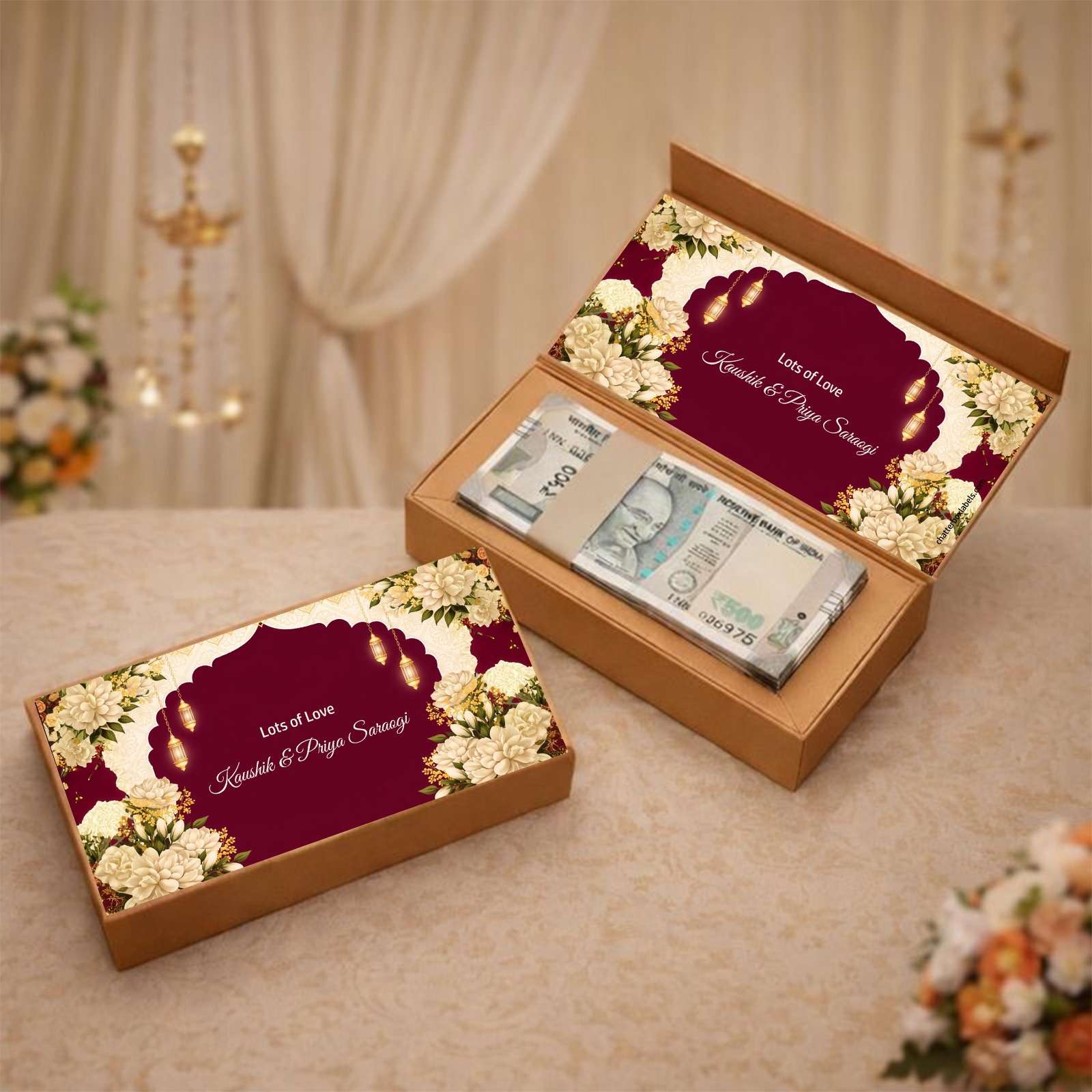 Personalised Shagun Cash Gift Box - Royale Maroon Bloom