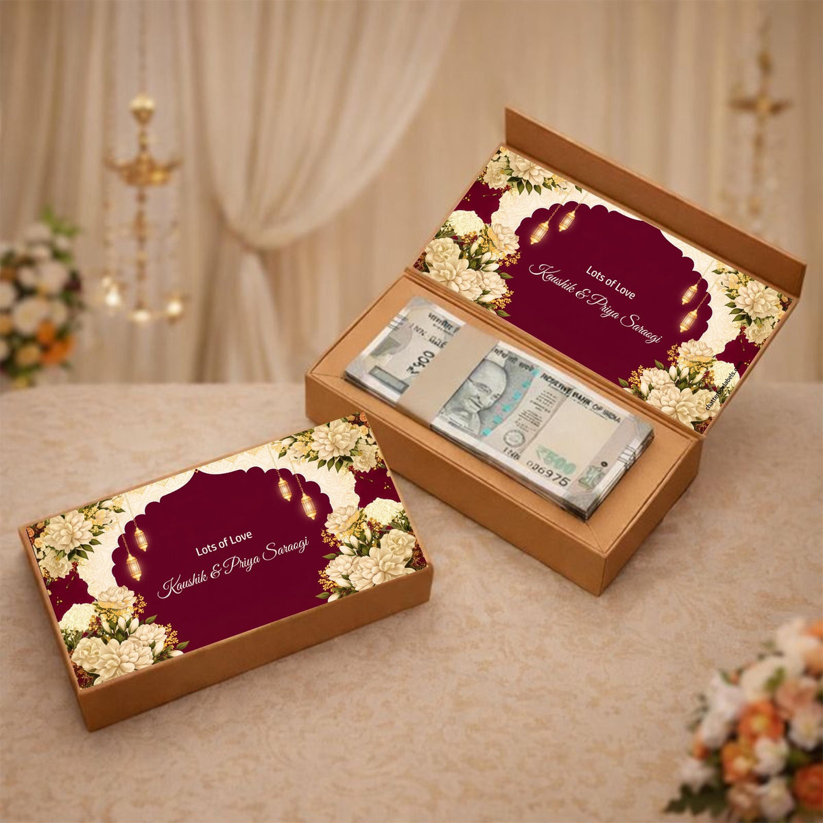 Personalised Shagun Cash Gift Box - Royale Maroon Bloom - Chatterbox Labels - Cash Box