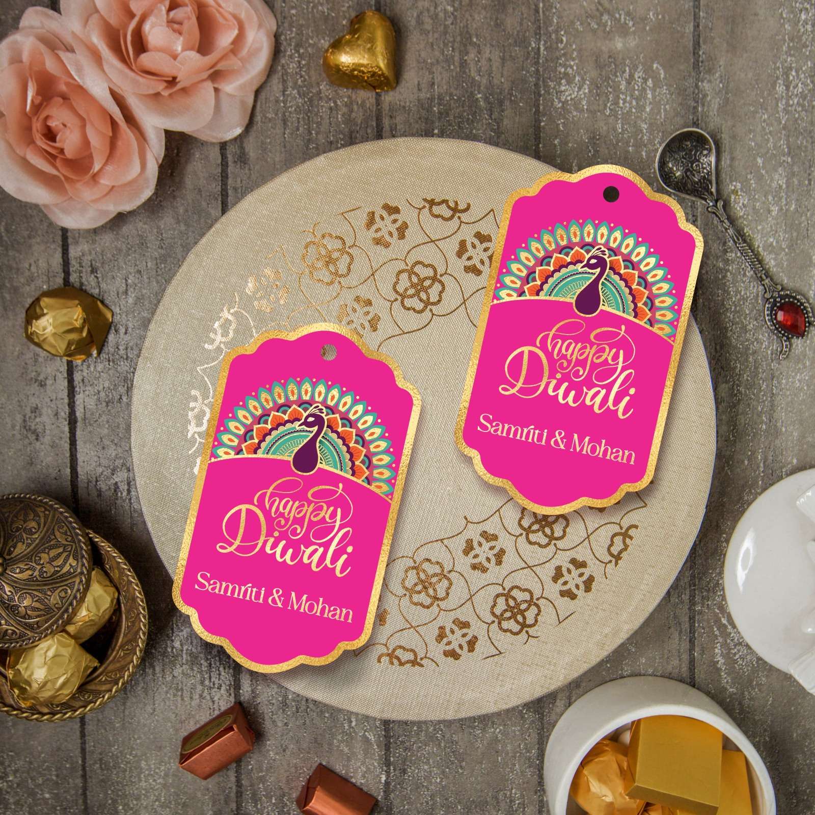 Happy Diwali Gold Foil Gift Tags - Royal Peacock Tags - Fuchsia Pink