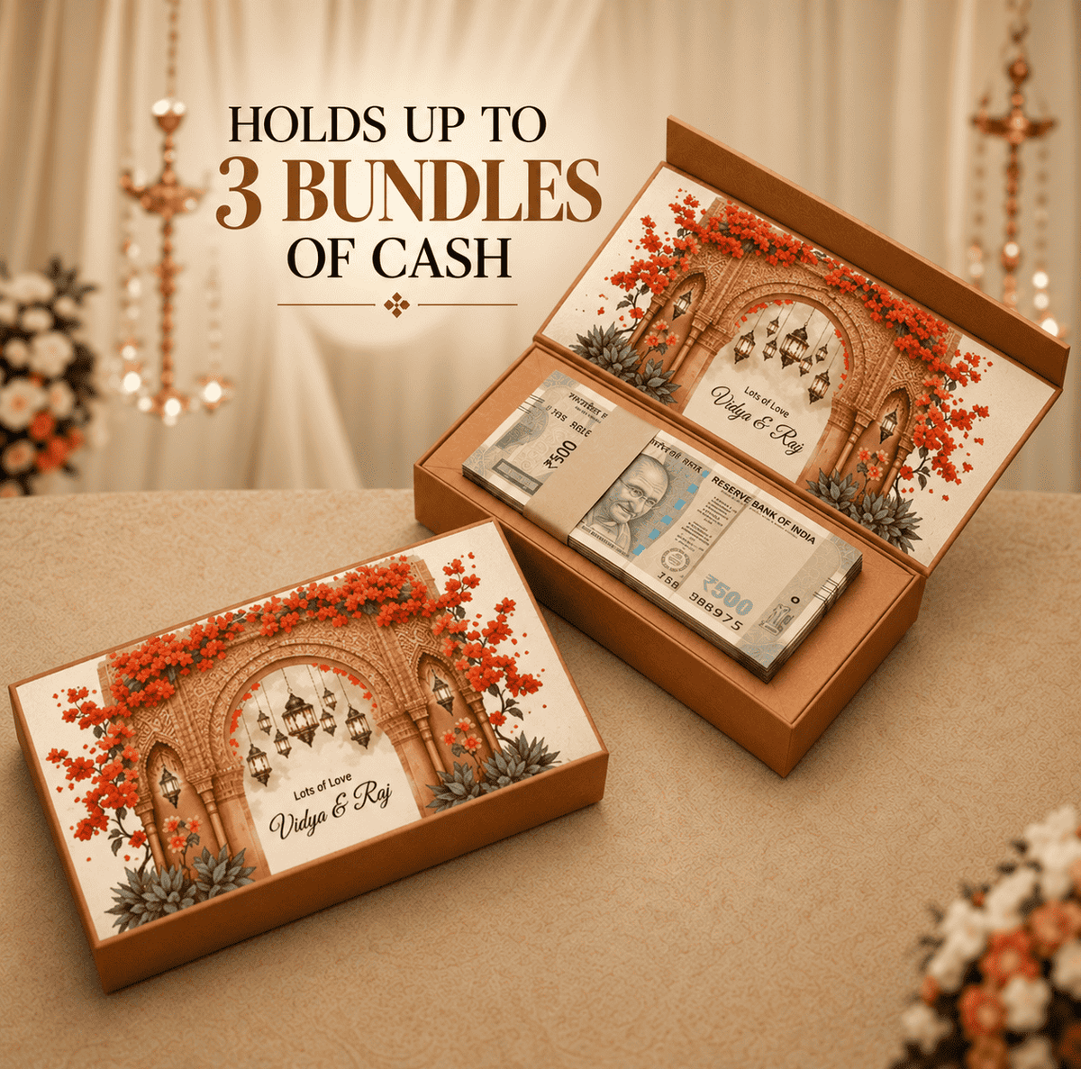 Personalised Shagun Cash Gift Box - Bougainvillea Arches