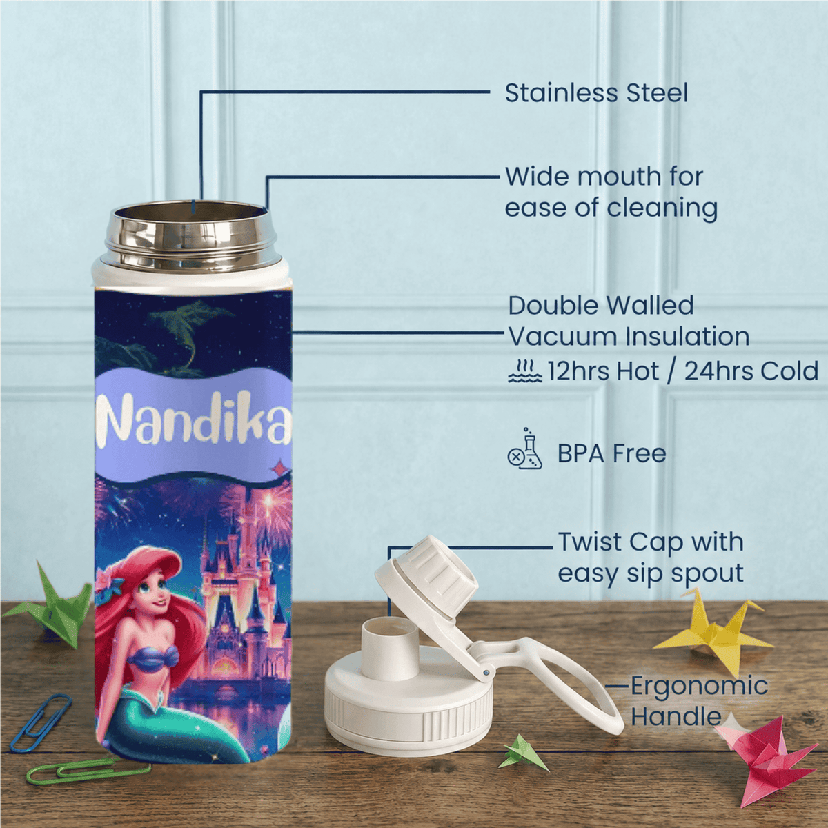 Personalised Insulated Stainless Steel Bottle – 600 ML - Mermaid Magic - Chatterbox Labels-Water Bottle
