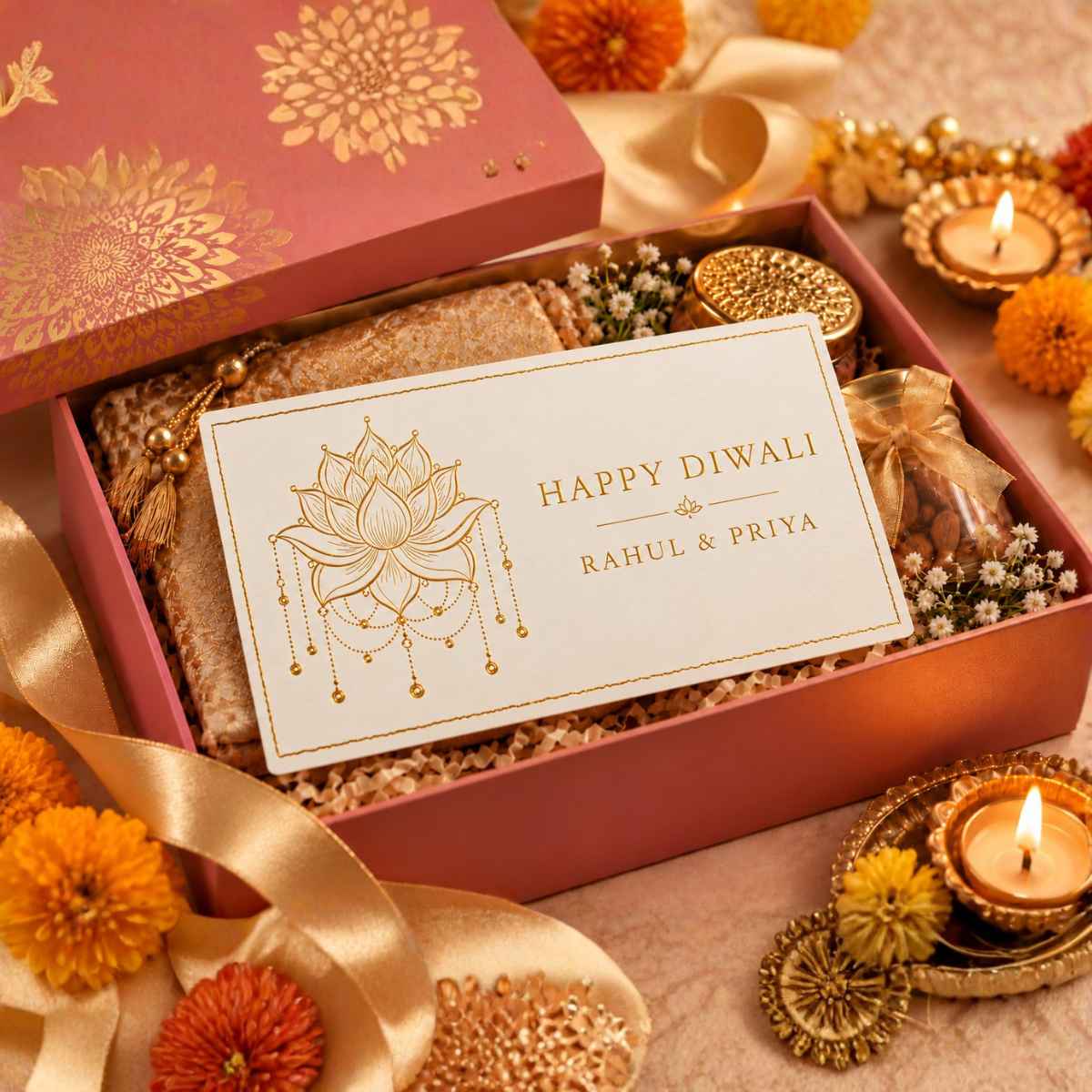 Personalised Gold Foil Gift Cards - Lotus Glow Design - Dilwali Special