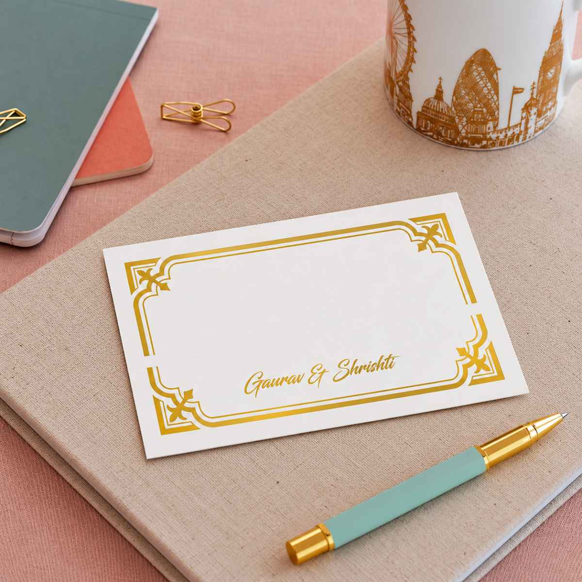 Personalised Gold Foil Note Cards - Elegant Frame - Set of 20