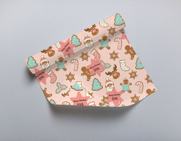 Personalised Merry Christmas Gift Wrapping Paper -Pink Gingerbread Man Theme Chatterbox Labels