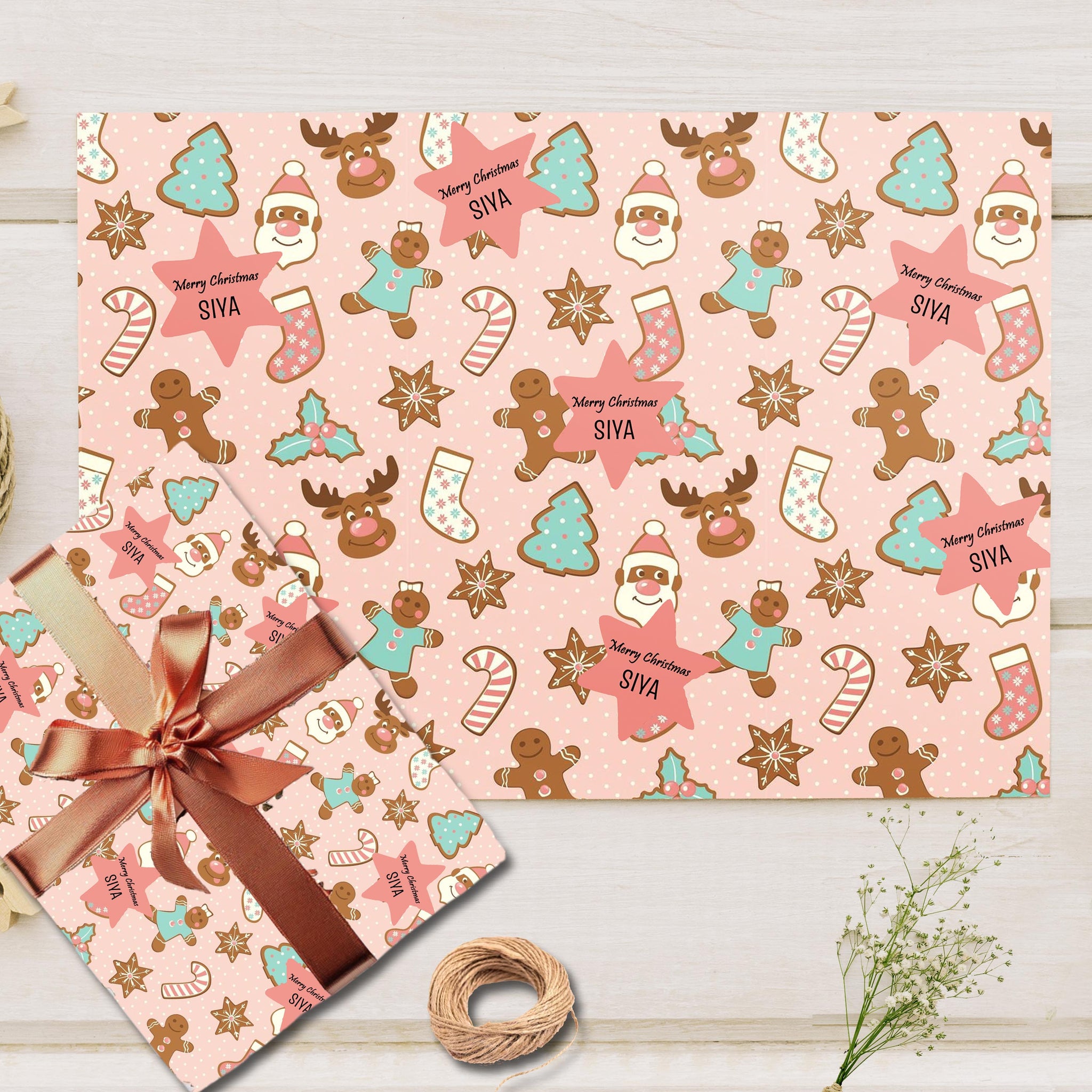 Custom Merry Christmas Gift Wrapping Paper -Pink Gingerbread Man Theme