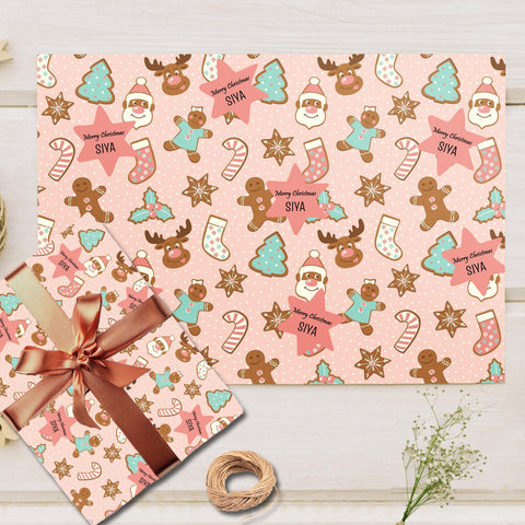 Custom Merry Christmas Gift Wrapping Paper -Pink Gingerbread Man Theme
