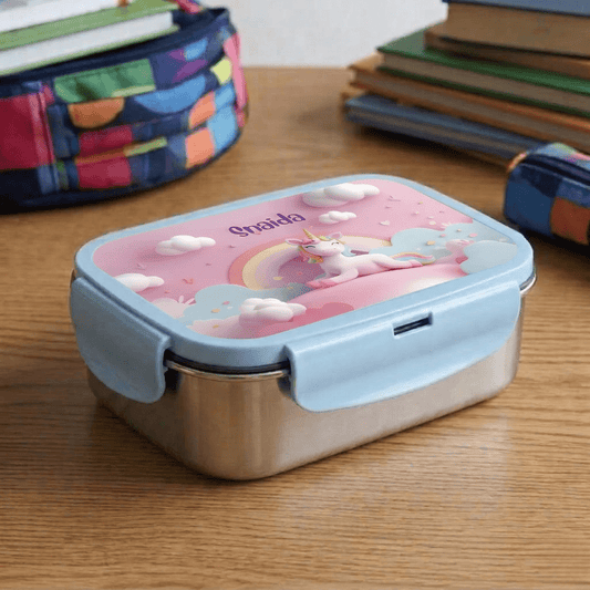 Custom Steel Snack Box & Lunch Box for Kids - Unicorn Design - Chatterbox Labels - Lunch Box