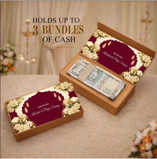 Personalised Shagun Cash Gift Box - Royale Maroon Bloom