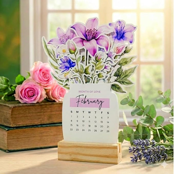 Personalised 2026 Desk Calendar - Floral Vase with Wooden Stand - Chatterbox Labels - 