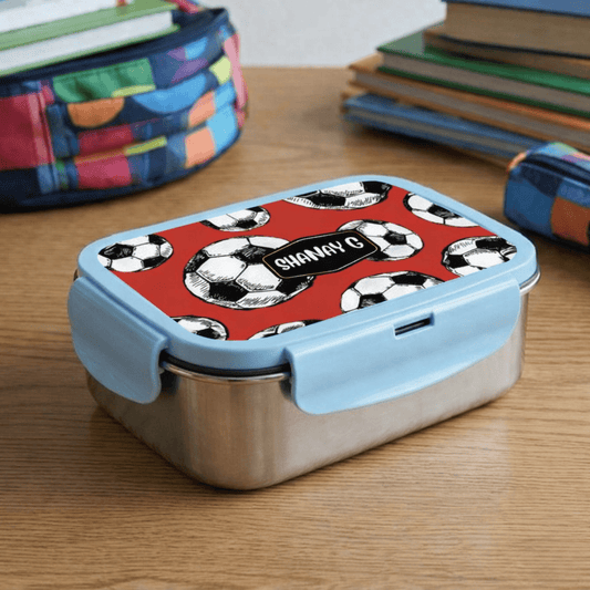 Custom Steel Snack Box & Lunch Box for Kids - Football Design - Chatterbox Labels - Lunch Box