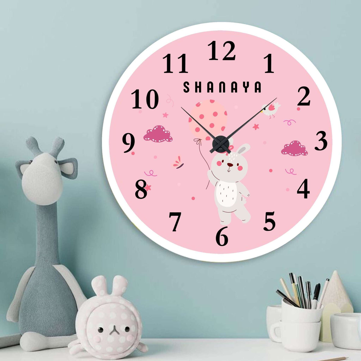 Personalised Acrylic Wall Clock - Bunnys Pink Hour - Chatterbox Labels - Wall Clock