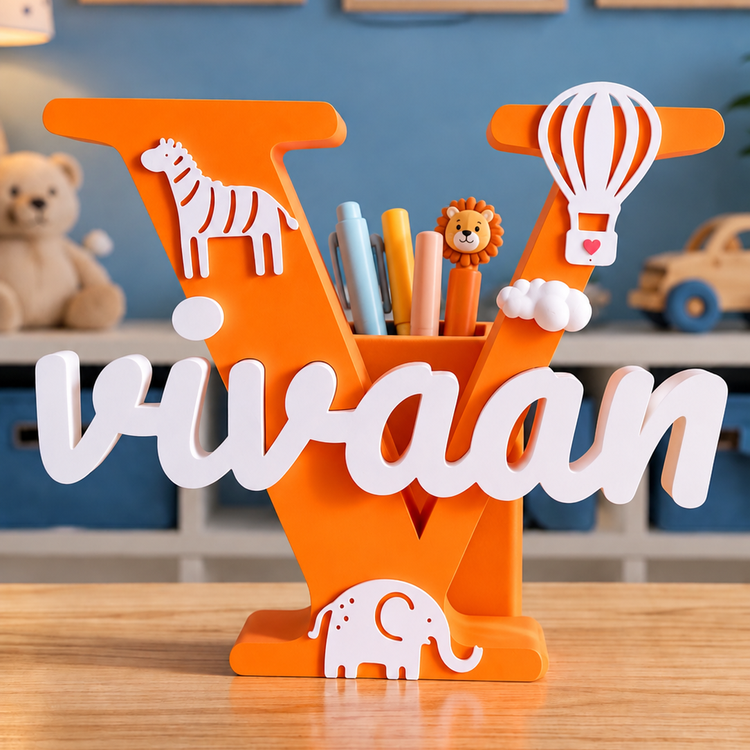 Personalised Name Stand & Pen Holder Animals Theme