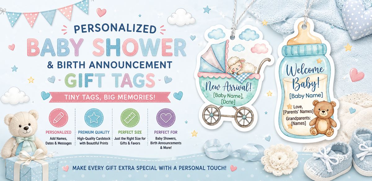 Baby Shower & Birth Announcement Gift Tags in Baby Bottle Design