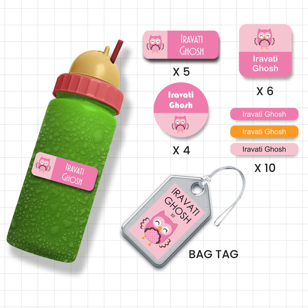 Assorted Shapes Waterproof Labels - Baby Pink Owl Theme