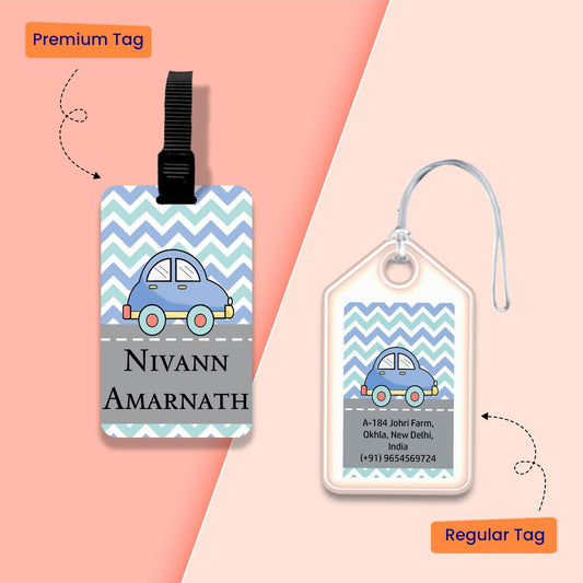 Personalized Bag Tags for Kids - Set of 5 - Blue Car Design - Chatterbox Labels - Bag Tags