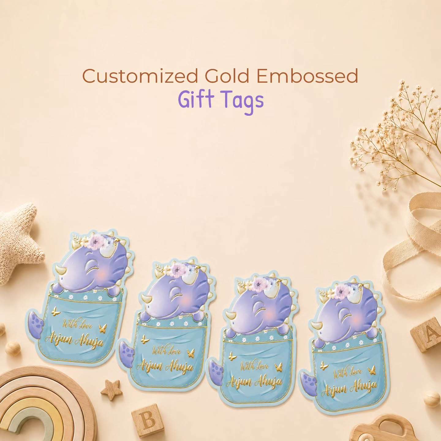Custom shape Gold Embossed Gift Tags for Kids- Dino Design
