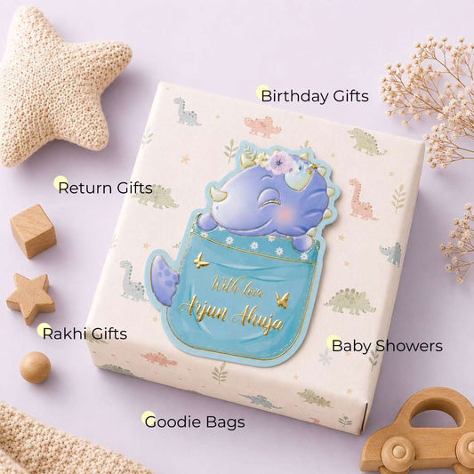 Custom shape Gold Embossed Gift Tags for Kids- Dino Design