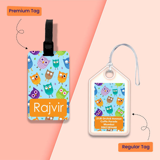 Personalized Bag Tags for Kids - Set of 5 - Blue Owl Design - Chatterbox Labels - Bag Tags