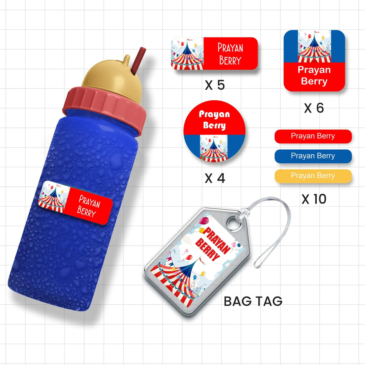 Assorted Shapes Waterproof Labels - Carnival Design - Chatterbox Labels-Personalised Waterproof Stickers - Opaque