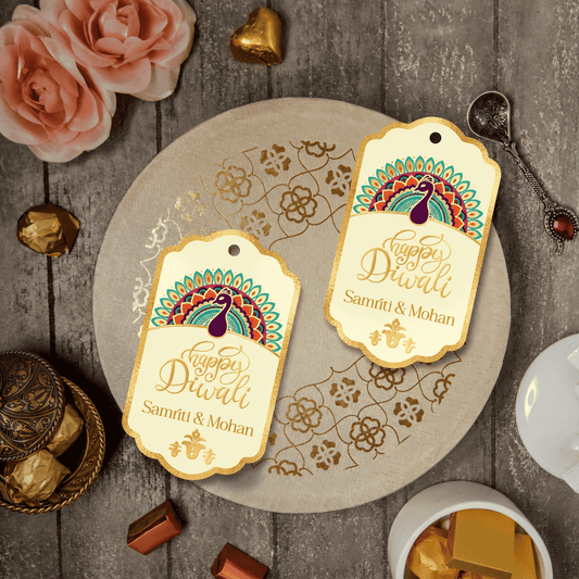 Happy Diwali Gold Foil Gift Tags - Royal Peacock Tags  - Ivory