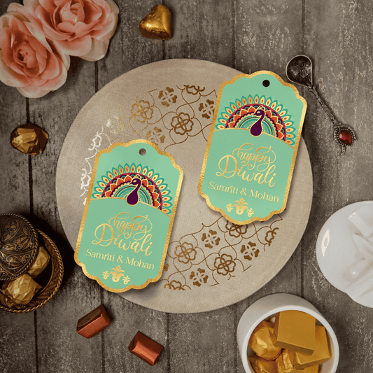 Happy Diwali Gold Foil Gift Tags - Royal Peacock Tags  - Pistachio