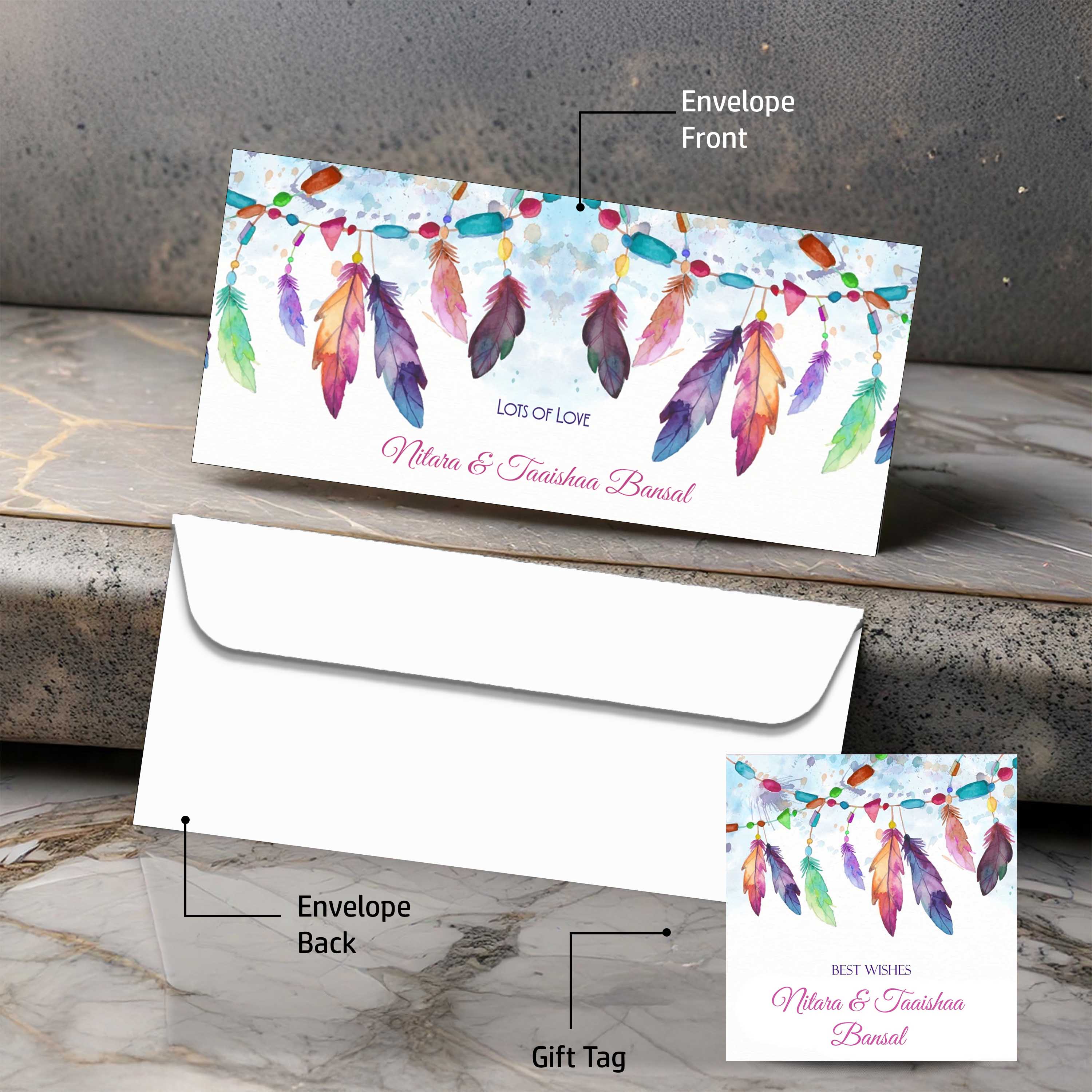Personalised Money Envelopes - Colourful Feathers Theme - Set of 20