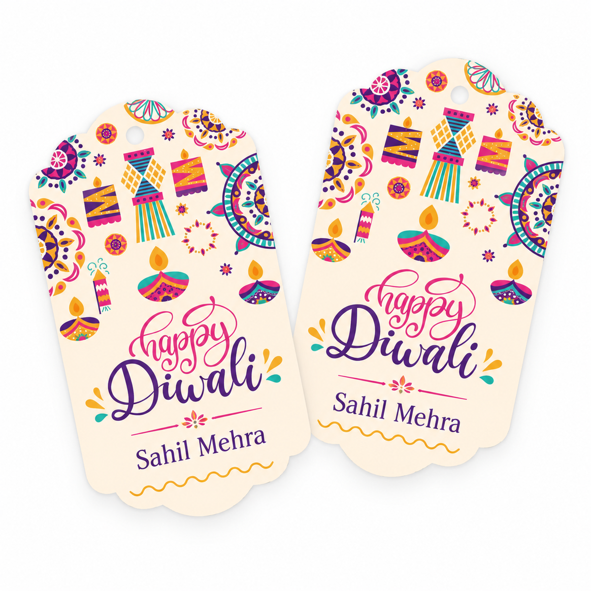 Happy Diwali Name Gift Tags - Diya & Rangoli Print