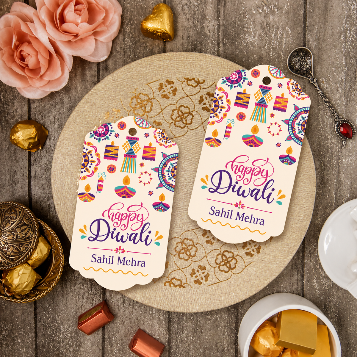 Happy Diwali Name Gift Tags - Diya & Rangoli Print