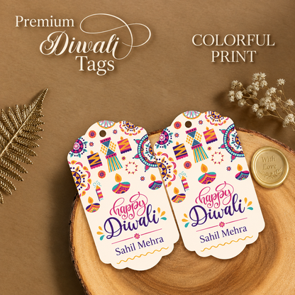 Happy Diwali Name Gift Tags - Diya & Rangoli Print