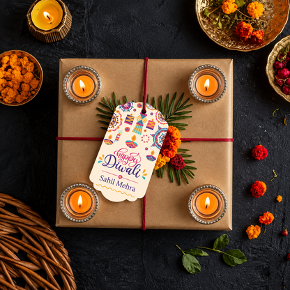 Happy Diwali Name Gift Tags - Diya & Rangoli Print