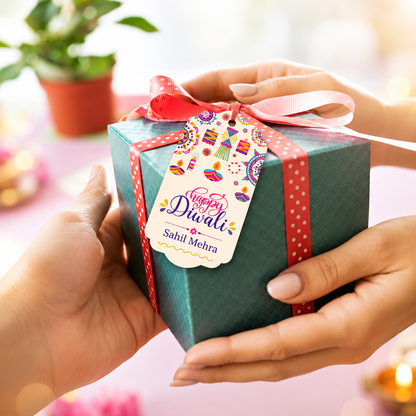 Happy Diwali Name Gift Tags - Diya & Rangoli Print