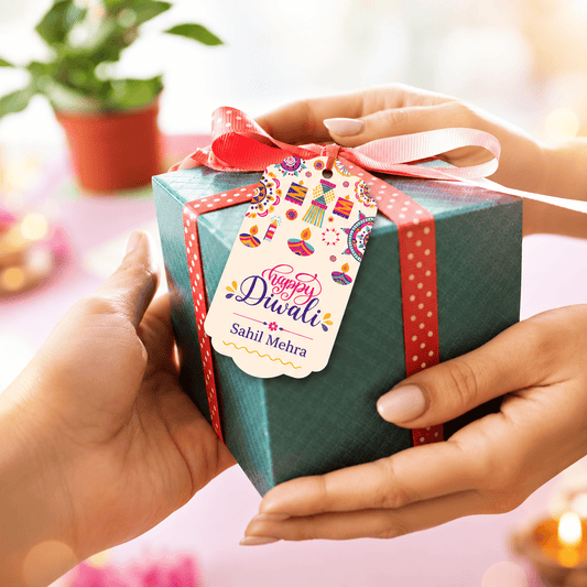 Happy Diwali Name Gift Tags - Diya & Rangoli Print