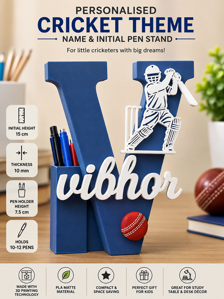 Personalised Name Stand & Pen Holder Cricket Theme