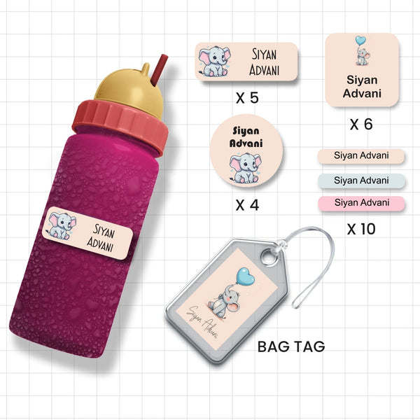 Assorted Shapes Waterproof Labels - Elephant Theme - Chatterbox Labels - Personalised Waterproof Stickers - Opaque