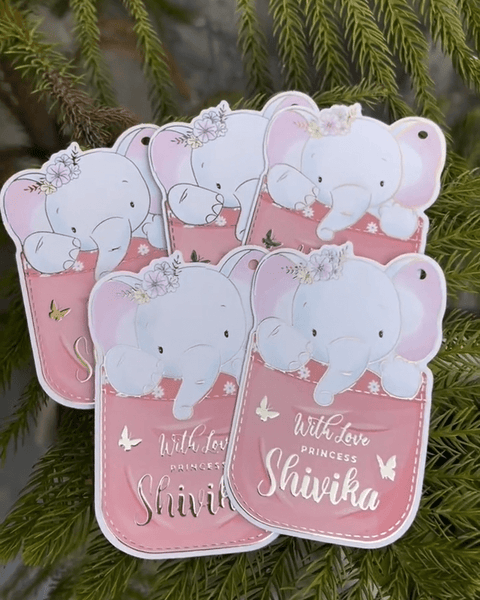 Custom shape Gold Embossed Gift Tags for Kids - Elephant Design - Chatterbox Labels - 