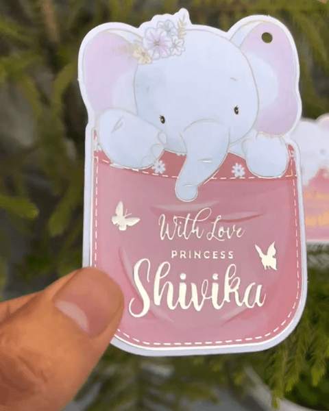 Custom shape Gold Embossed Gift Tags for Kids - Elephant Design - Chatterbox Labels - 